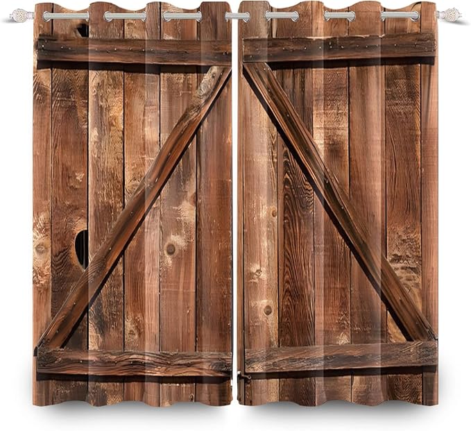 Old Tan Wooden Window Curtains American Rustic Garage Door Curtains Vintage Barn Door Drapes Wood Planks Rural Style Native Country Farmhouse Bedroom Window Treatment, 21x45 inch, 2 Panels