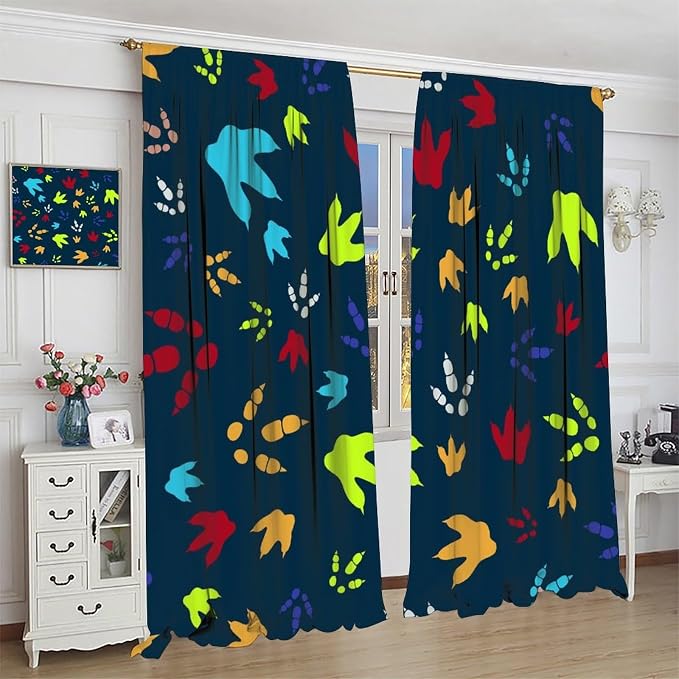 YCness Dinosaur Footprint Curtains for Boys Girls Children Nursery Playroom Room Decor Colorful Cartoon Dino Art Printed Window Drapes Decor Fabric Set 2 Panel 72x63 Inch 80% Shading Rate