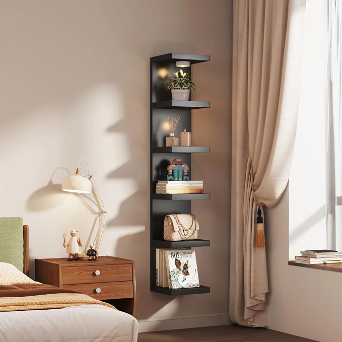 2 Pack 6-Tier Vertical Wall Shelf Unit with USB Rechargeable Led Light (Remote Controlled),Versatile Floating Display Shelves,Lack Style Wall Shelves for Bedroom,Living Room,Office Decor,Vanity-Black