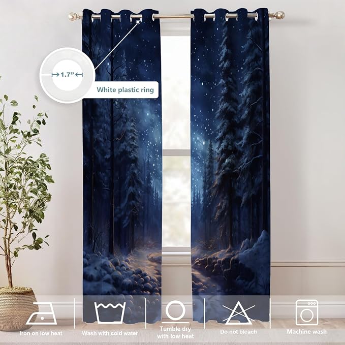 Shrahala Winter New Year Thermal Insulated Blackout Window Curtains, Stars Forests Snow Night Long Drapes for Bedroom/Living Room with Plastic Grommet, 52X84 Set of 2