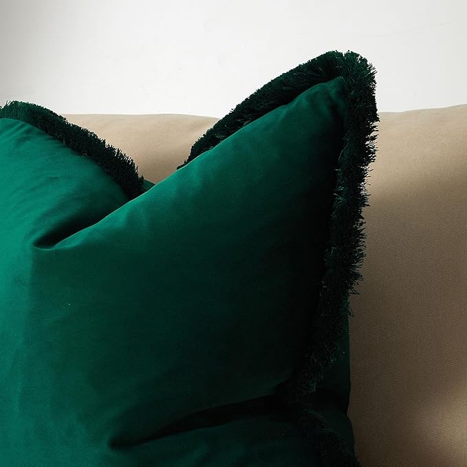 JUSPURBET Forest Green Lumbar Velvet Throw Pillow Covers 12x20 Inch Set of 2 with Soft Tassel Fringe Luxury Boho Pillowcase for Sofa Couch Bed Home Decor Machine Washable