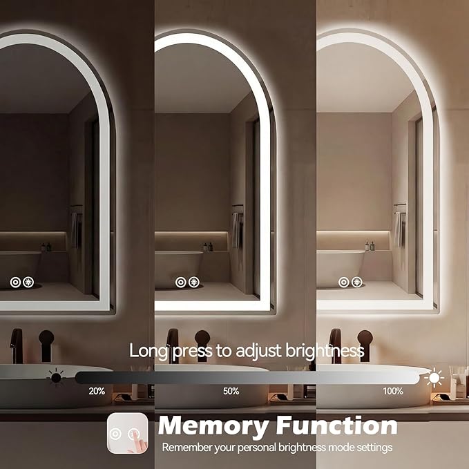 Sweetcrispy 24“×36” LED Bathroom Backlit Mirror with Lights, Arched Vanity Mirror with Anti-Fog, Dimmable, 3-Color Light, Memory Function, Tempered Glass