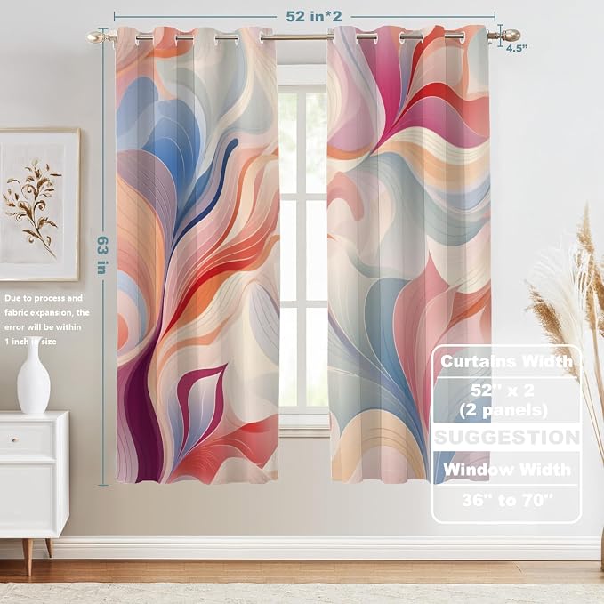 Shrahala Colorful Waves Blackout Window Curtains, Fluid Abstract Pattern Thermal Insulated Curtains Grommet Long Drapes for Bedroom,Living Room (2 Panels, 52 X 63 in)