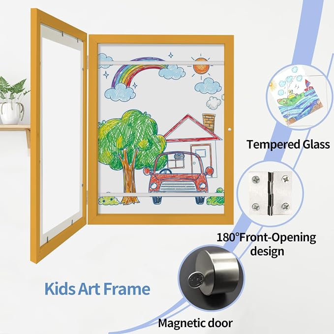 Kids Art Frames 9x12 Set of 2 - Front Opening Childrens Picture Frame Changeable, Wood Artwork Display Storage for Wall Mount, Magnetic Door Holds 50 Art Pieces for Drawings, 3D Picture, Crafts, Portfolio, Yellow