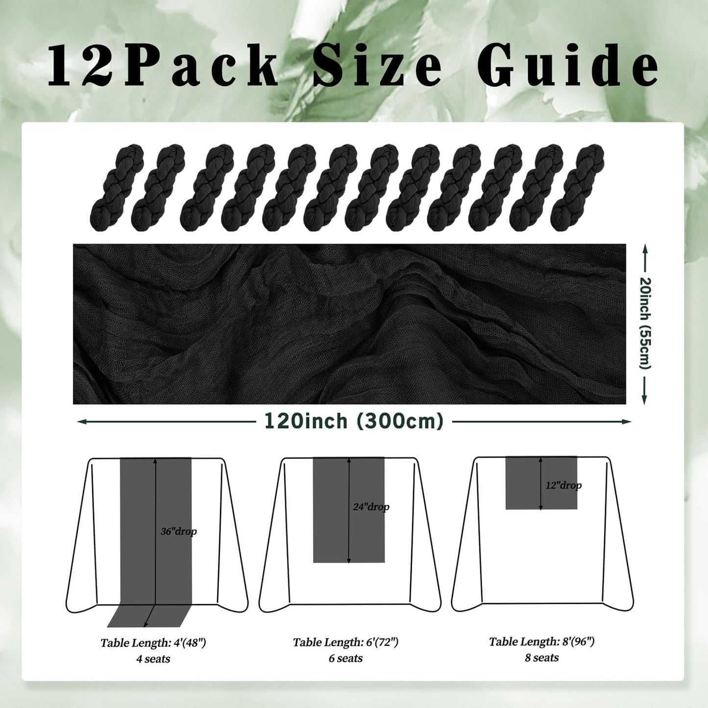 10FT 12 Pack Black Cheesecloth Table Runner 20 x 120 Inch Long Boho Fabric Rustic Cheese Cloth Table Runner for Wedding Bridal Shower Baby Shower Gauze Sheer Birthday Party Table Decorations