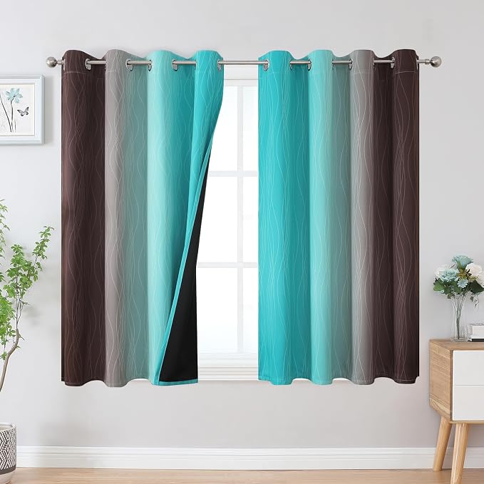 Estelar Textiler Brown and Teal Blackout Curtains 45 Inch Length, Light Blocking Gradient Drapes for Bedroom, Thermal Insulated Grommet Ombre Curtains for Bathroom,52Wx45L,2 Panels