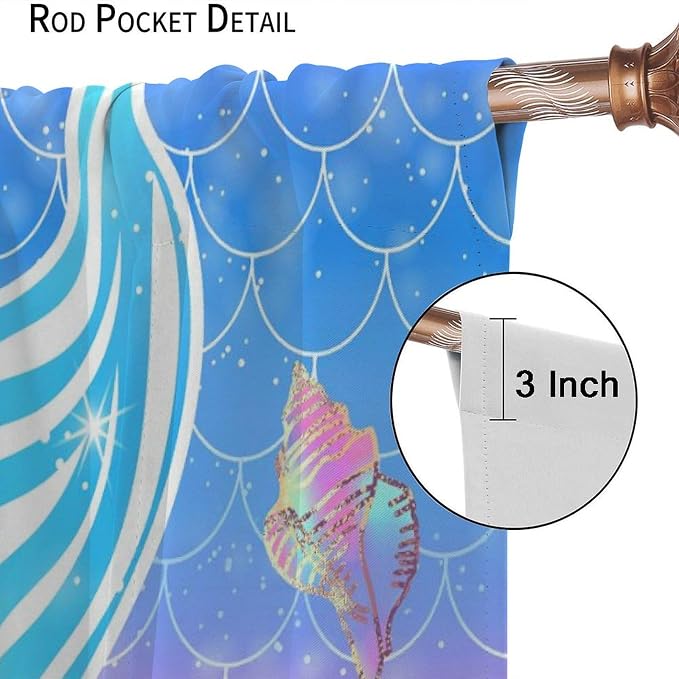 YCness Mermaid Curtains for Girls Bedroom Decor Rainbow Mermaid Tail Fish Scale Fantasy Ocean Theme Art Printed Blackout Window Drapes Fabric Set 2 Panel 42x63 Inch 80% Shading Rate