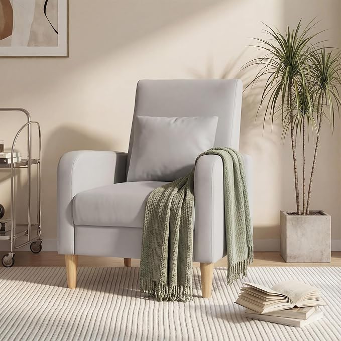 COLAMY Mid-Century Modern Accent Chair, Faux Leather Upholstered Living Room Chair with Back Pillow & Solid Wood Legs, Comfy Armchair for Living Room, Bedroom, Single Sofa, Light Grey