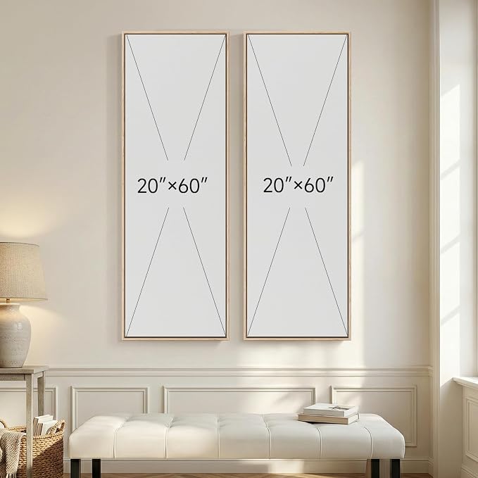 Large Framed Neutral Abstract Vertical Wall Art, Set of 2 Modern Canvas Prints Paintings for Walls, Tall Beige Cream Long Narrow Minimalist Pictures for Living Room Bedroom Hallway Entryway Wall Decor