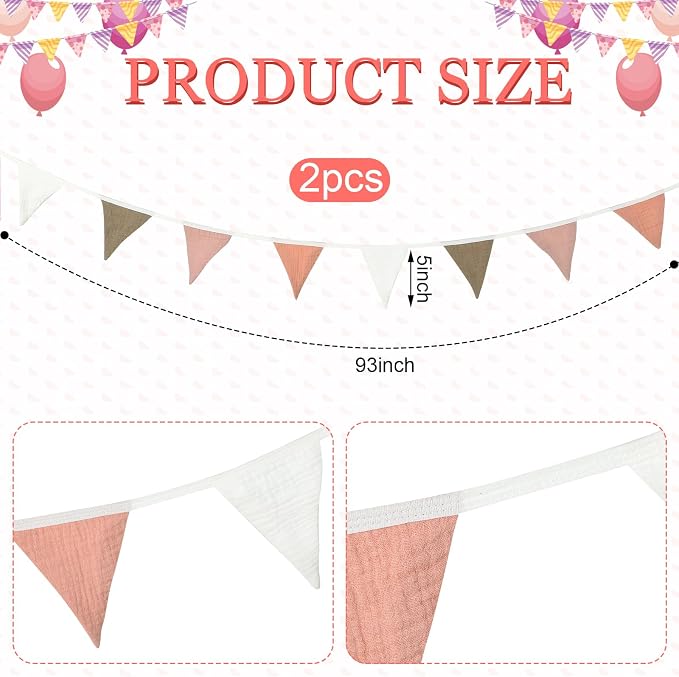 Oudain 2 Pcs Pennant Banner Flags Nursery Garland Triangle Bunting Flags Playroom Wall Decor Banner for Nursery Baby Shower Birthday Boho Wedding Party Event, Each 7.75 ft(Pastel Color)