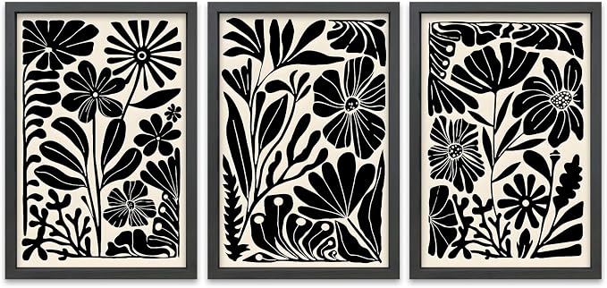 TQianJiang Flower Plant Sign Wall Decor 16"X11" Set of 3 Black And White Botanical Painting Wood Framed for Bedroom Abstract Wildflower Hanging Art (Black)
