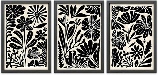 TQianJiang Flower Plant Sign Wall Decor 16"X11" Set of 3 Black And White Botanical Painting Wood Framed for Bedroom Abstract Wildflower Hanging Art (Black)