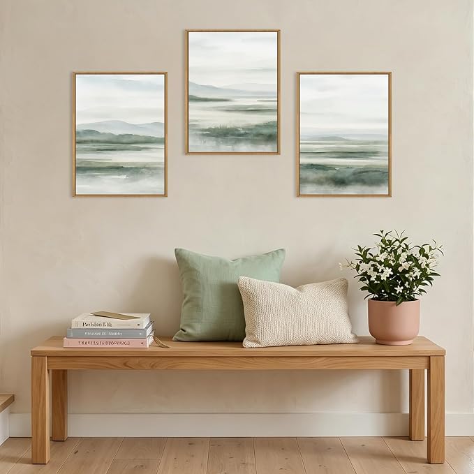 HOURIA Large Watercolor Misty Green Mountain Framed Canvas Wall Art,Neutral Brush Stroke Wall Decor,Modern Landscape Artwork,Nature Minimalist Art Print for Living Room,Bedroom,Office-12 x16 x3