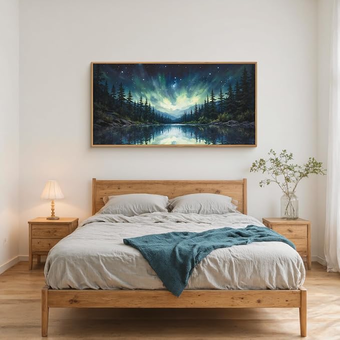 HOURIA Luminous Northern Lights Forest Lake Framed Canvas Wall Art Set,Starry Nordic Aurora Borealis Mountain Scenery Decor,Wilderness Pine Tree Reflection Artwork for Living Room,Farmhouse-20 x40 x1