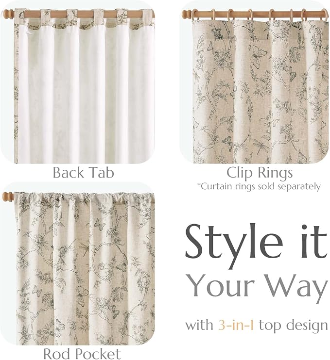 jinchan Floral Curtains Lined Linen Blend Curtain for Living Room 96 Inch Length Grey Flower Farmhouse Curtains French Country Gray Patterned Curtain Drapes Back Tab Rod Pocket 2 Panels