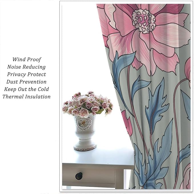 Floral Blackout Window Curtain, Flourish Ornamental Blossom Rose Style Print for Home Kitchen Restaurant Decoration Drapes 2 Panels 52x96in