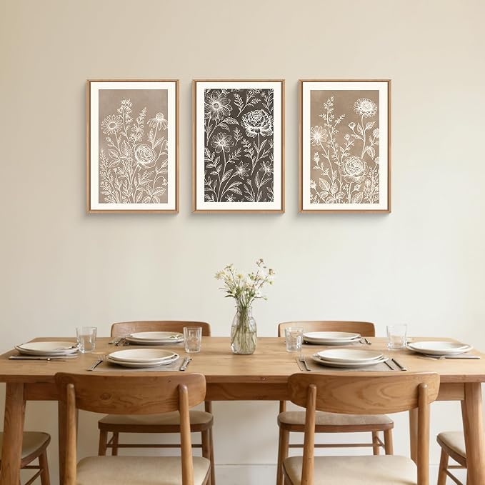 Neutral Boho Flower Framed Canvas Wall Art Set,Vintage Moody Rose Peony Daisy Wildflower Decor,Modern Natural Brown Black Floral Botanical Artwork for Living Room,Bedroom,Farmhouse-24 x36 x3