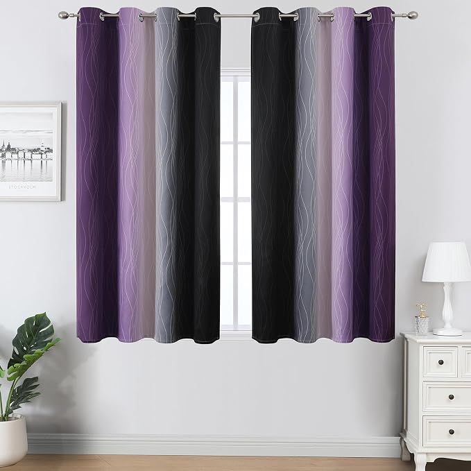 Estelar Textiler Black and Purple Ombre Blackout Curtains 54 Inch Length 2 Panels, Full Room Darkening Gradient Drapes for Window, Thermal Insulated Grommet Short Curtains for Bedroom,52Wx54L