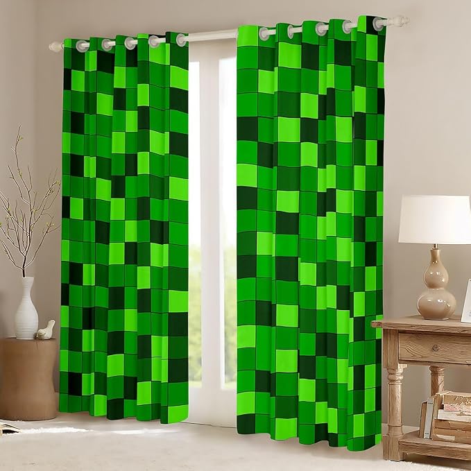 Castle Fairy Neon Green Block Window Curtain | Pixelated Grid Patchwork Blackout Window Treatment for Kids Bedroom Decor,Miners Video Games Curtains Modern Living Room Top 2 Panels,38Wx54L