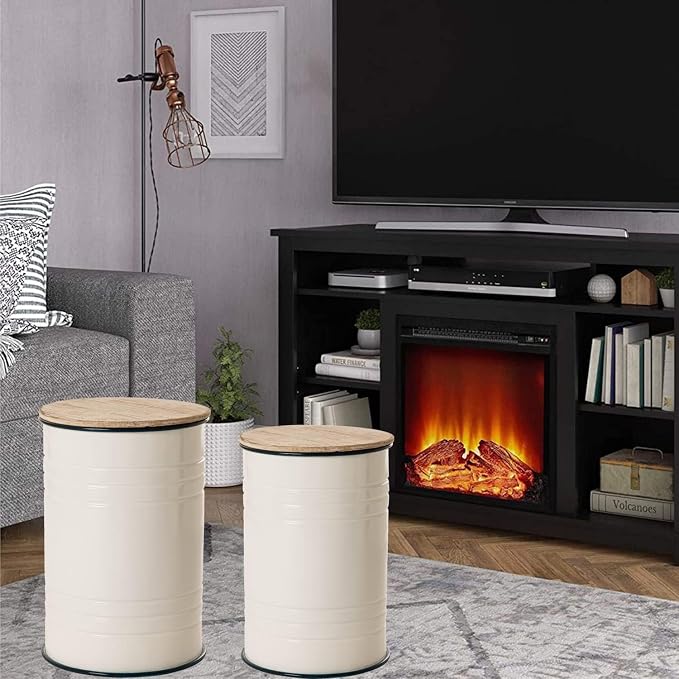 Glitzhome Rustic Storage Ottoman Seat Stool, Farmhouse End Table, Galvanized Dark Blue Rim Imitation Enamel Accent Side Table Toy Box Bin with Round Wood Lid for Living Room, Set of 2, White