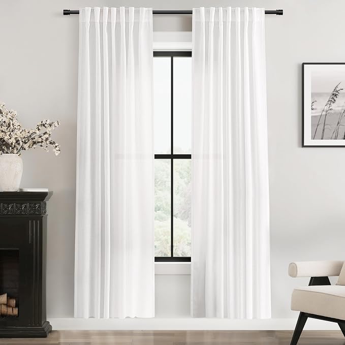 White Linen Curtains 72 inch Long 2 Panel Set for Living Room Back Tab Rod Pocket Semi Sheer Light Filtering Bedroom Window Curtain 72 inch Length Cotton Textured Modern Elegant Coastal Drapes