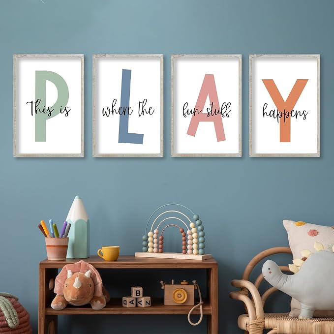 This Is Where The Fun Stuff Happens Kids Playroom Wall Art 11x16 Inch Set Of 4 Rustic Kids Wood Framed Boy Sign Toddler Modren Nursery Interesting Let's Play Prints Wall Hang Decor (White)
