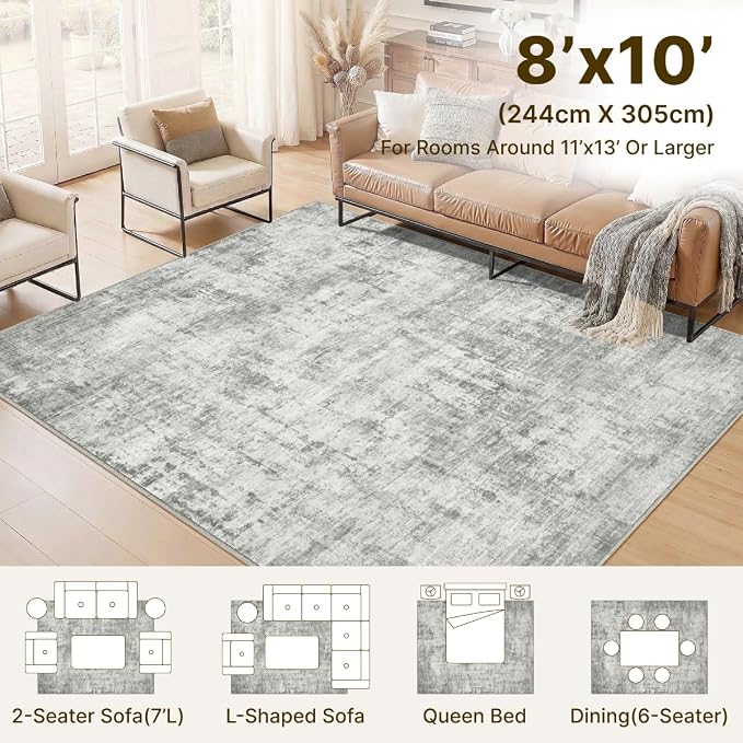 8x10 Area Rugs Washable Living Room Rug-No Slip Soft Carpets Modern Abstract Indoor Floor Stain Resistant Large Carpet for Bedroom Dining Room Farmhouse Nursery Home Office Grey