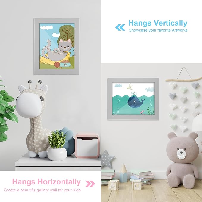 [2-Pack] Kids Art Frames, 9x12 Front Opening Kids Artwork Frames Changeable, Gray Artwork Display Storage Frame for Wall, Holds 50 Pcs, for 3D Picture, Crafts, Children Drawing, Hanging Art, Portfolio