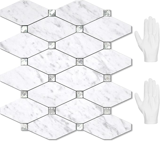 STICKGOO 10 Sheets Peel and Stick Backsplash, Carrara White Stick on Mosaic Tiles for Kitchen Wall Decor, PVC Mixed Glass Self Adhesive Peel and Stick Tile