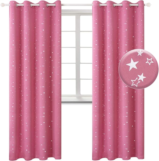 BGment Kids Blackout Curtains for Bedroom - Grommet Thermal Insulated Silver Star Print Room Darkening Curtains for Living Room, Set of 2 Panels (52 x 102 Inch, Pink)