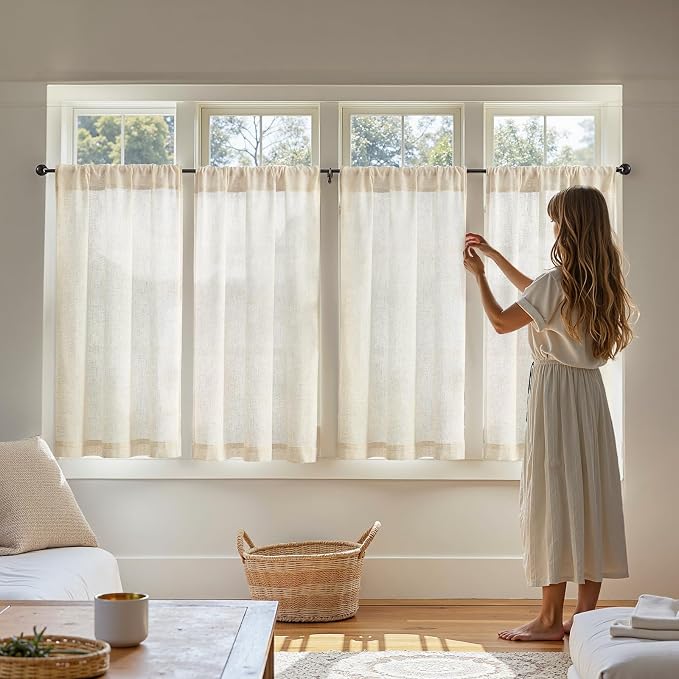 jinchan Tier Curtains 45 Inch for Small Window Linen Blend Cafe Curtains Farmhouse Rustic Half Window Drapes for Kitchen Living Room Bedroom Light Filtering Rod Pocket 2 Panels Neutral Crude