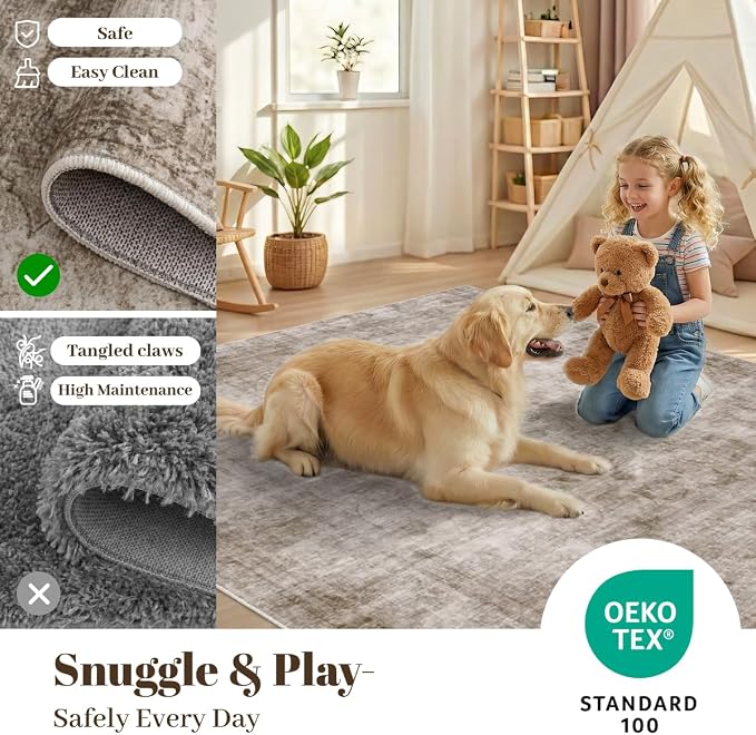 Homemate Washable Rug 6x9 Area Rugs - Vintage Faux Wool Rugs for Living Room Bedroom Dining Room - Non Slip Foldable Carpet Indoor Area Rug for Home Decor（6'x9', Brown