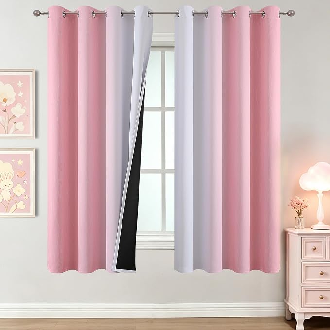 Estelar Textiler Pink and Greyish White Ombre Blackout Curtains 63 Inch Long for Kids Bedroom, Room Darkening Thermal Insulated Grommet Gradient Window Drapes for Living Room/Nursery, 52Wx63L,2 Panels