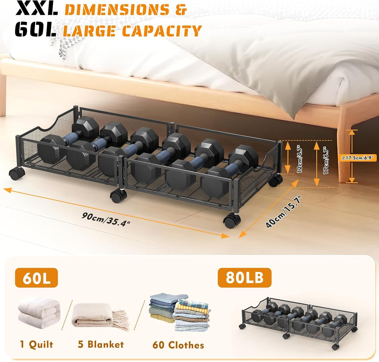 2 Pack Under Bed Storage with Wheels, 36" Lengthen Underbed Storage Containers with Lids, Large Capacity Under Bed Shoe Storage, Metal Clothes Organizer, Storage Box for Clothing Shoes Blankets Sheet