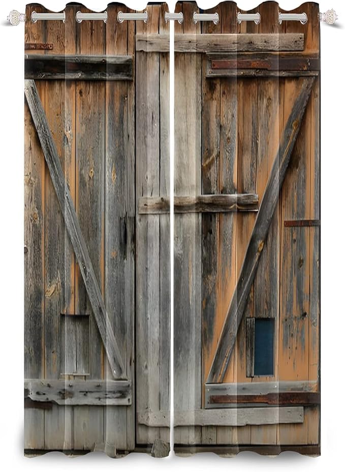 Old Grey Wood Barn Door Window Curtains American Rustic Garage Door Curtains Vintage Wooden Door Window Drapes Wood Planks Rural Style Native Farmhouse Bedroom Treatment,26x84 inch,2 Panels