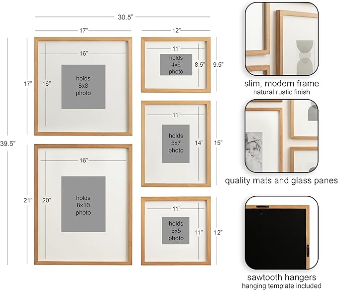 Kate and Laurel Gallery Contemporary Rectangle Minimal Graphic Framed Art Set of 5; Varying Sizes; Rustic Brown; Modern Five-Piece Framed Wall Art for Gallery Wall Frame Set in Living Room Wall Decor