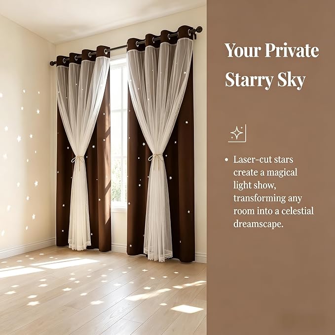 Kids Blackout Curtains for Bedroom/Living Room/Classroom, Sheer Overlay 2 Free Tiebacks, Double Layer Curtains with Star Cutout for Kids Room(Each Piece W 70 x L 63 Inches 2 Pcs Chocolate)