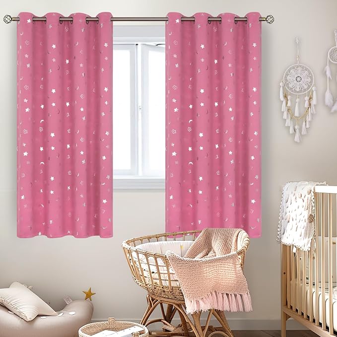 BGment Pink Blackout Curtains 63 Inch Length, Nursery Curtains for Girls Kids Bedroom, Star and Moon Thermal Insulated Room Darkening Window Drapes with Grommet for Babys, 2 Panels, 52 Wide