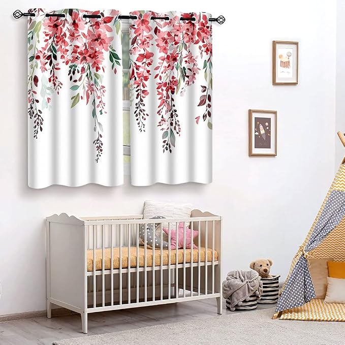 Red Watercolor Floral Curtains, 52x63 inch, 2 Panels | Botanical Leaves Vine Flowers, Rustic Farmhouse Style, Blackout Window Treatment, For Bedroom Living Room