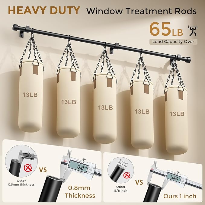 Heavy Duty Curtain Rod 34 to 186 Inch, Black 1 Inch Adjustable Extra Long Curtain Rods for Windows, Decorative Window Treatment Rods with Modern Solid Aluminum Finials, Easy Installation
