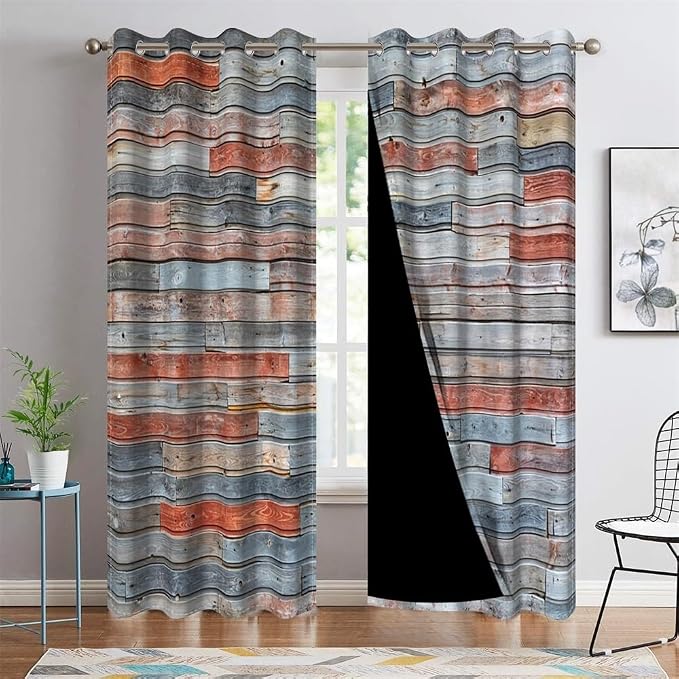 Wooden Curtains Wood Planks Wall Textured Art Print Wooden Window Curtains Grain Cottage Rustic Wooden Barn Door Hardwood Garage Door Living Room Bedroom Window Drapes,26x84 inch,2 Panels