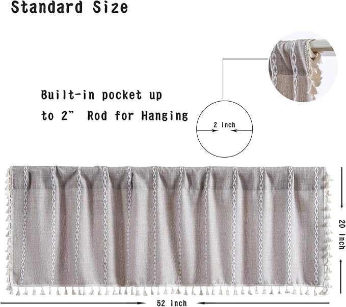 RoomTalks Rustic Farmhouse Kitchen Valances for Windows in Tan, 18’’L x 52’’W Boho Embroidered Striped Vintage Chic French Country Cottage Textured Tassel Curtain Valances for Bathroom Living Room