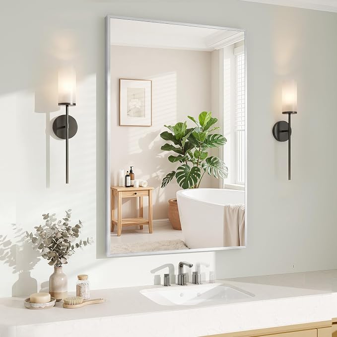 Koonmi Silver Rectangle Wall Mirror, 20x30 Inch Bathroom Mirror, Aluminum Frame Vanity Mirror for Entryway, Living Room, Bedroom Bathroom, Hangs Horizontally or Vertically