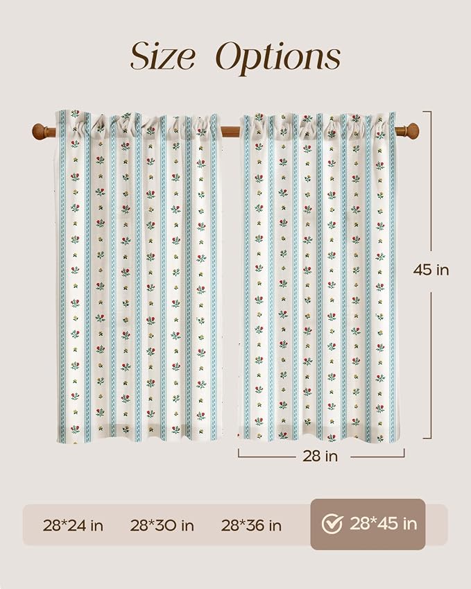 Miss Adola Farmhouse Kitchen Tier Curtains - 45 Inch Length Linen Blend Boho Cafe Curtains Blue Floral Small Window Treatments Over Sink Rod Pocket for Bathroom Living Room Light Filtering, 4 Panels