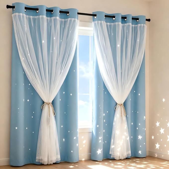 Kids Blackout Curtains for Bedroom/Living Room/Classroom, Sheer Overlay 2 Free Tiebacks, Double Layer Curtains with Star Cutout for Kids Room(Each Piece W 70 x L 84 Inches 2 Pcs Sky Blue)