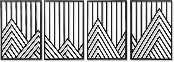 AMAATE Black Metal Wall Art, 4 Pieces Minimalist Geometric Mountain Line Art Sculpture, Hollowed Out Abstract Modern Metal Hanging Decor for Living Room Bedroom Office 17.7" X 26.4" in