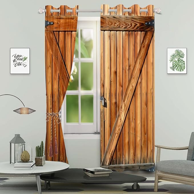 Russet Wooden Door Window Curtains Old Garage Door Curtains Rustic Barn Door Curtains Vintage Wood Planks American Rural Style Native Country Farmhouse Drape Treatments,26x84 inch,2 Panels