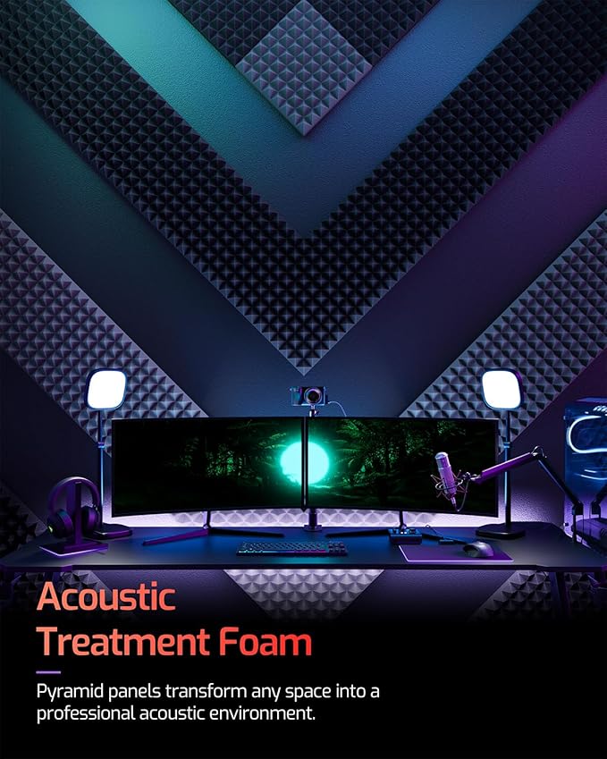 Acoustic Panels 12 pack Pyramid Self-Adhesive Upgrade,3"X12"X12" Sound Proof Foam Panels for Walls Quickly-Expand,Acoustic Wall Panels High Density Sound Absorbing for Gaming&Studio Decor,Black