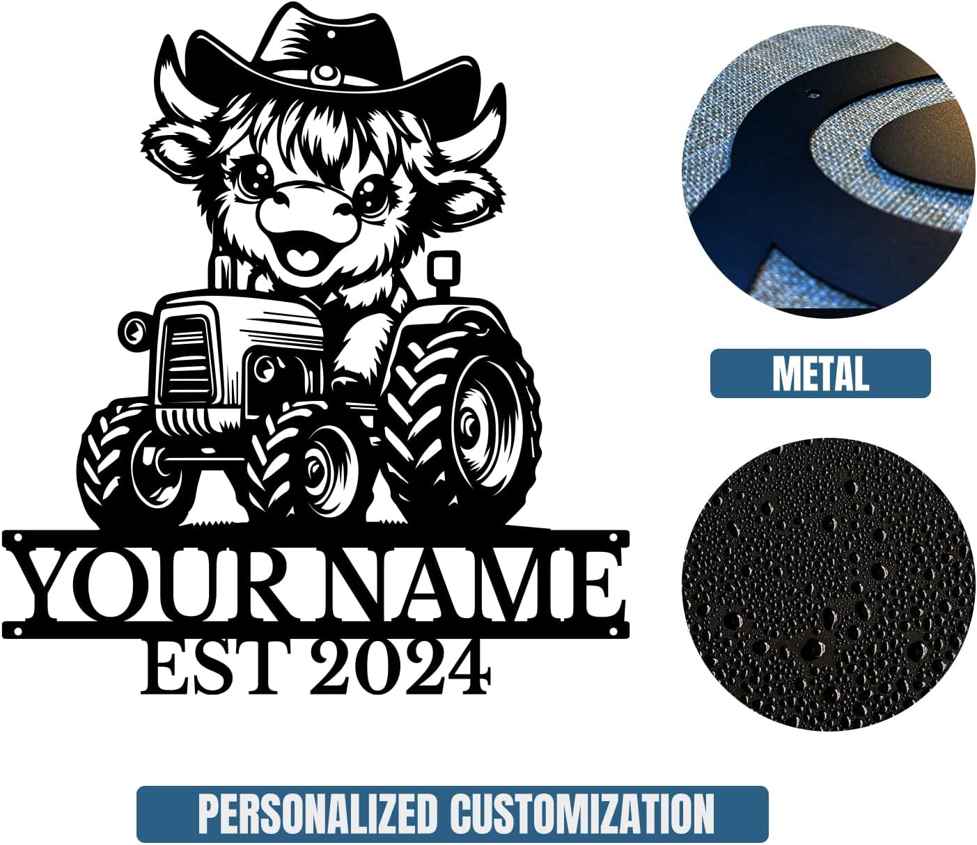 Personalized Highland Cow Name metal Signs,Custom Highland Cow Metal Shed Wall Decor,Black Metal Wall Art Plaques Outdoor wall Decorative Signage (Style B)