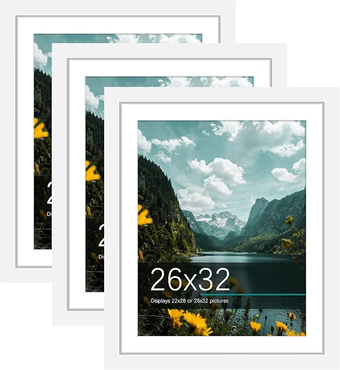Picrit 26x32 Picture Frame 3 Pack, White Poster Frame, Display Poster 22 x 28 with Mat or 26 x 32 without Mat for Horizontal or Vertical Wall Mounting